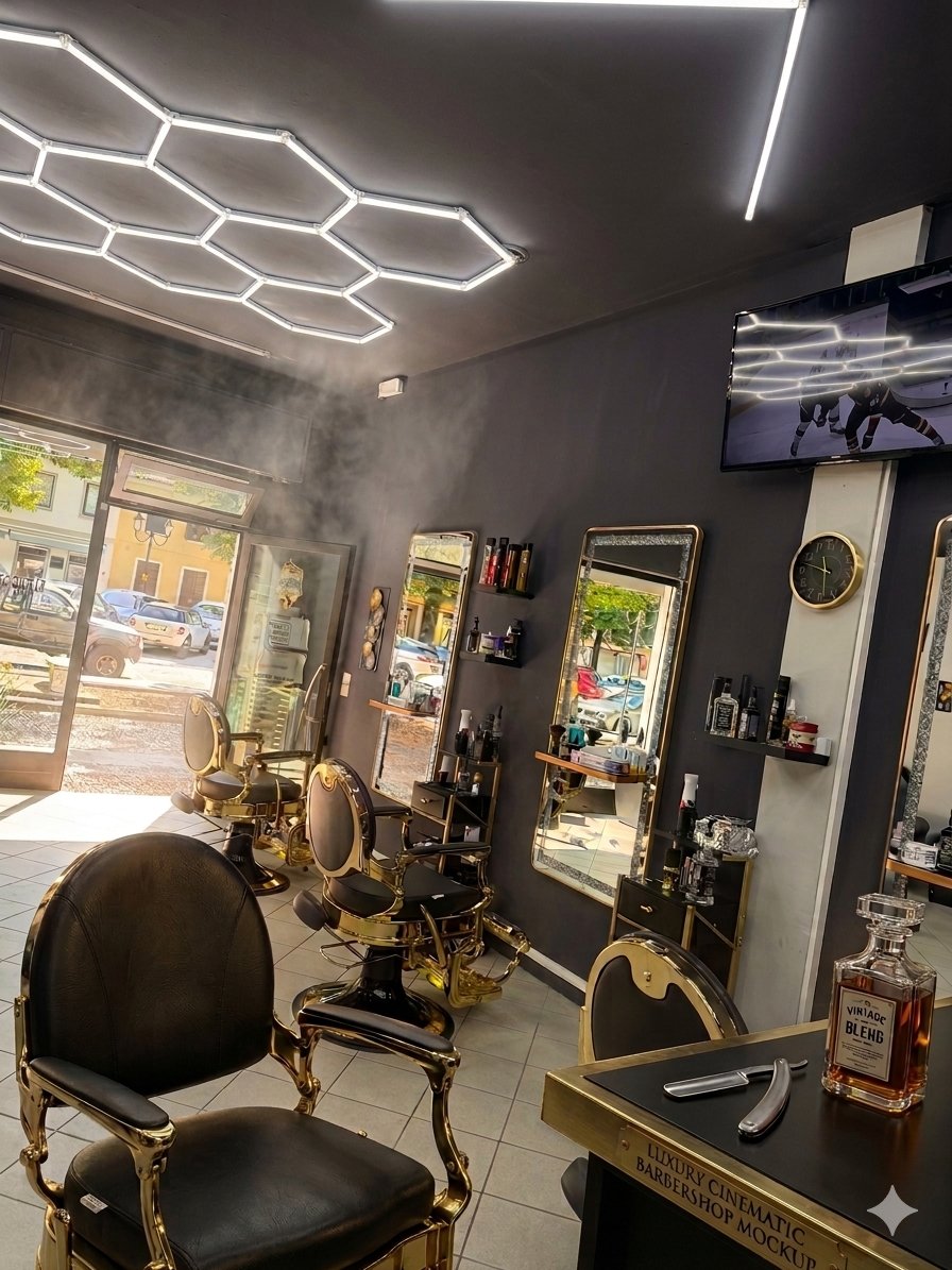 El Barbero Di Monselice interno barber shop sedie oro specchi luci neon Monselice